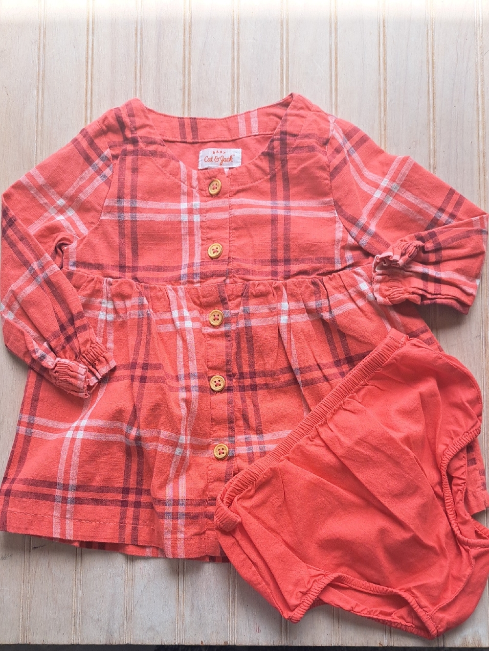 Cat & Jack Plaid Dress & Bloomers Set 6-9M Coral 100% Cotton Lightweight